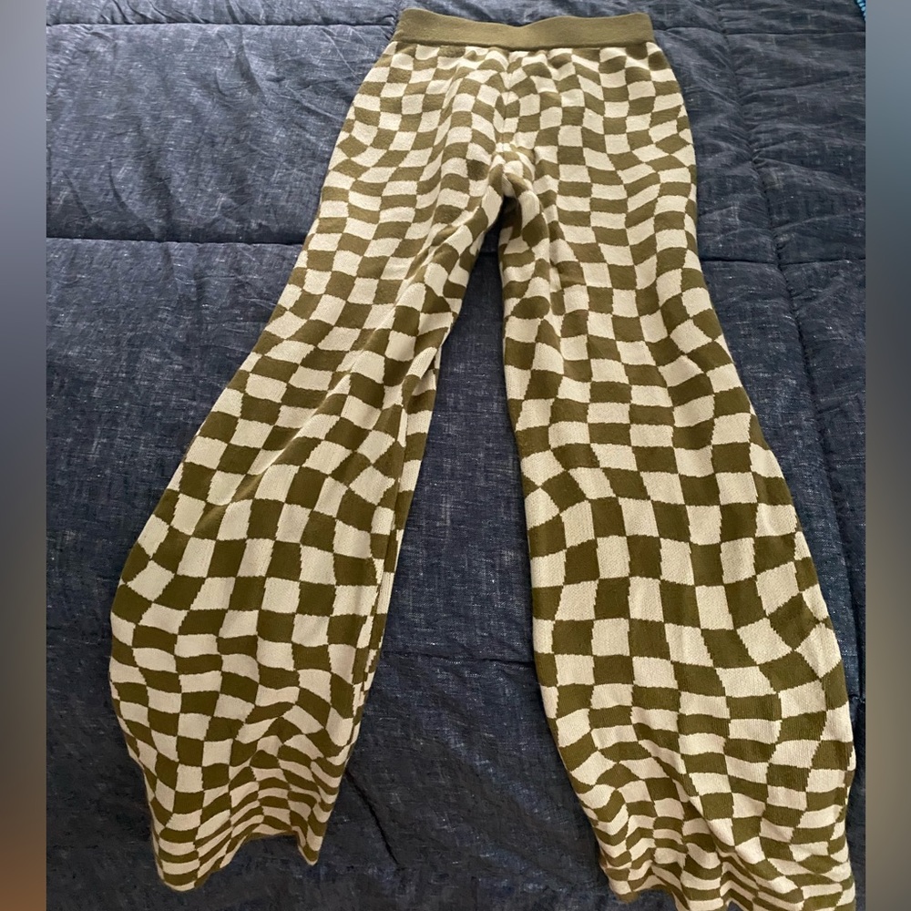 Twik Simons green checkered knit flare pants